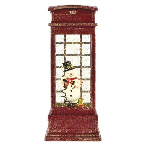 LED dekorácia – snehuliak v telefón. búdke, 25 cm, 3x AA, vnútorná, teplá biela, časovač